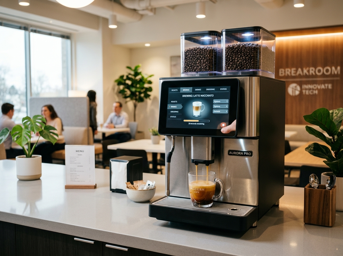 Commercial bean-to-cup coffee machine with a touchscreen menu